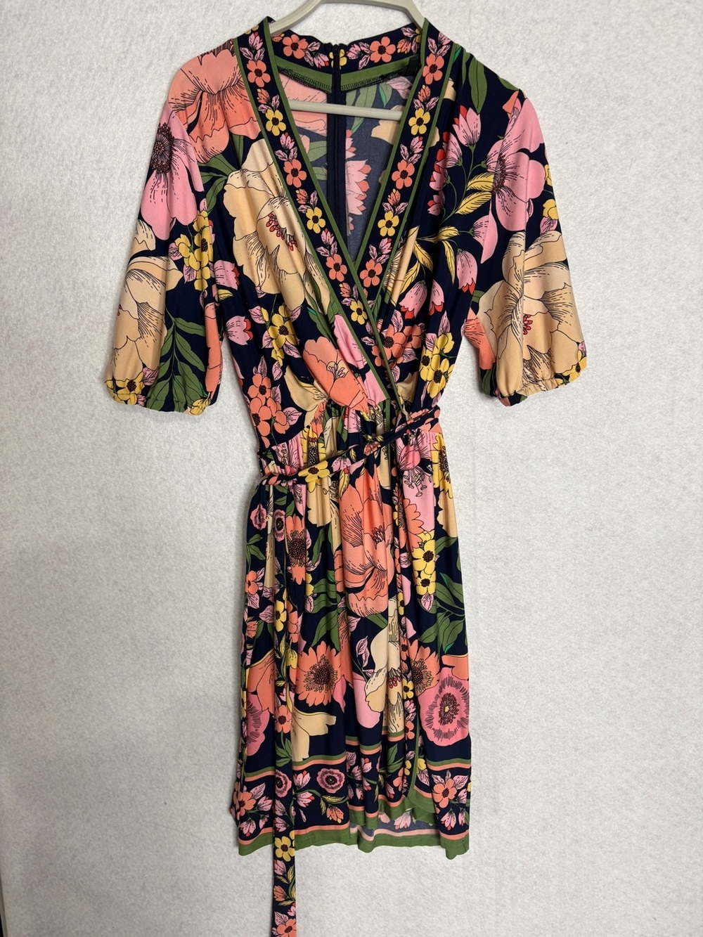 Maggy London Navy Dress with Pink and Yellow Floral Print and Green Trim